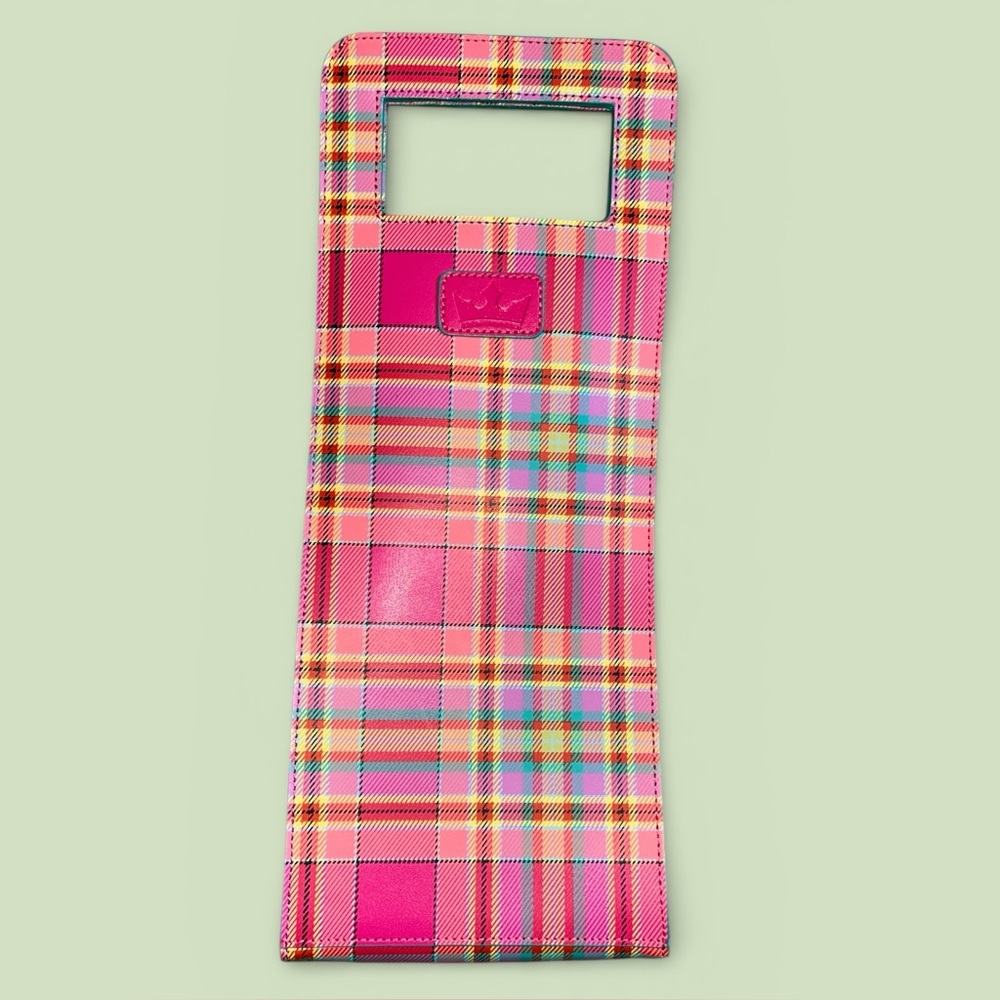 Baekgaard Leather Bright Azele Tartan Plaid Wine Carrier Pink Plaid NWOT